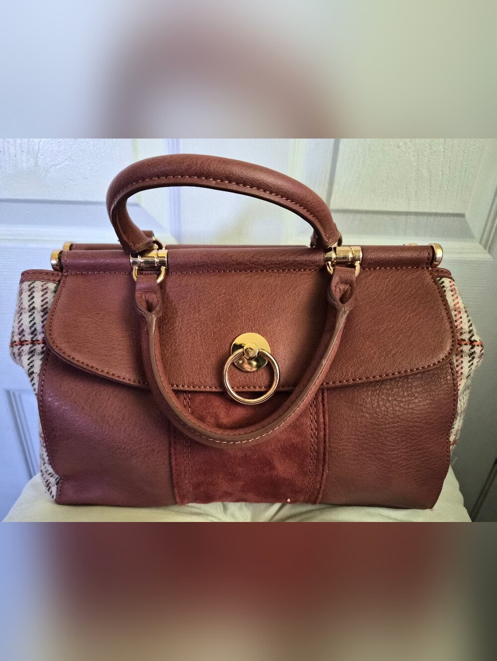 LC Lauren Conrad Rust Brown Satchel with Plaid Side Panels